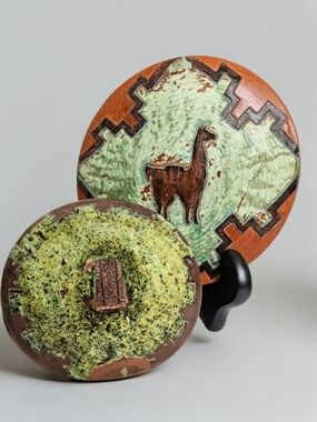 Vintage PeruviaGreen & Brown Llama Ceramic Wall Art Plaque - Artisan Home Accent